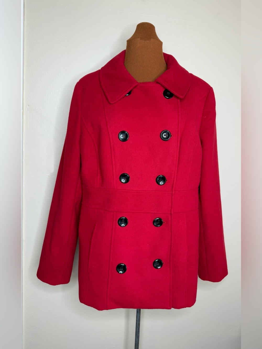 Style & Co. Red Double-Breasted Peacoat with Black Buttons Size Large